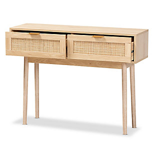 Add a retro inspired accent to your entryway with the stunning Baird console table. Made in China, the Baird is comprised of sturdy wood showcasing a light oak brown finish. Two drawers provide space to store keys and mail, while the wide tabletop offers room to display plants and decor. Requiring assembly, the console features woven rattan drawer faces and gold tone metal handles for eye catching style. A handy piece brimming with personality, the Baird console is sure to enhance any space.Constructed from pine wood, rattan, and engineered wood | Light oak brown finish | Two (2) drawers | Woven rattan drawer faces