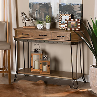 Kellyn Oak Brown Finished Wood and Black Finished Metal 3-Drawer Console Table, , rollover