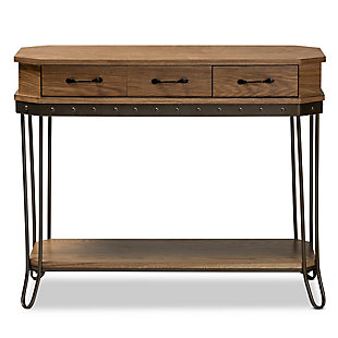 Kellyn Oak Brown Finished Wood and Black Finished Metal 3-Drawer Console Table, , large