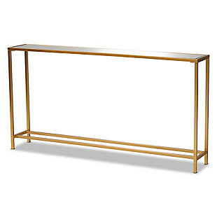 Add sleek, contemporary charm to your home with the stunning Alessa console table. Made in China, the Alessa is comprised of a minimalist brushed gold finished metal frame fitted with a mirrored glass tabletop. Its slim silhouette, coupled with its large surface area, make the Alessa an ideal accent piece for entryways or hallways. Requiring assembly, the table is equipped with black non marking feet to protect floors. A beautiful pedestal for decorations or everyday items, the Alessa console table is a luxurious addition to the modern home.Modern and contemporary console table | Constructed from metal and mirrored glass | Brushed gold finish | Rectangular tabletop 