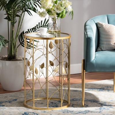 Anaya Glam Brushed Gold Finished Metal and Glass Leaf Accent End Table, , large