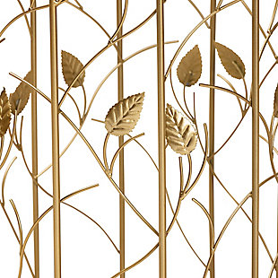 Accent your space with the luxurious and eye catching design of the Anaya end table. Made in China, the Anaya is comprised of a brushed gold finished metal frame fitted with a circular glass tabletop. Inspired by nature, the base showcases a unique leaf and vine design that allows light to easily flow throughout the room. Fully assembled, its slim silhouette makes it well suited for placement next to a sofa or chair. A stunning design that helps brighten any space, the Anaya end table is a fantastic addition to the modern home.Modern and contemporary glam end table | Constructed from metal and tempered glass | Brushed gold finish | Glass tabletop