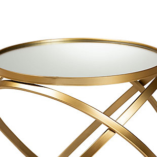 Accent your space with the glamorous design of the Desma end table. Made in China, the Desma is comprised of a sculptural brushed gold finished frame. The circular mirrored glass tabletop provides space for beverages and decor, while also complementing the intertwined forms on the base. Fully assembled, its compact size makes it easy to place in a variety of room layouts. Combining utility with luxury, the Desma end table elevates the character of any space.Glam and luxe end table | Constructed from metal and mirrored glass | Brushed gold finish | Round tabletop