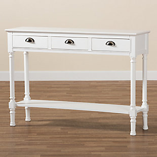 Reinvent your entryway with the elegant and handy Garvey console table. Made in China, the Garvey is constructed from sturdy wood showcasing a striking white finish. Three large drawers provide ample space for concealed storage, while the rectangular tabletop and lower shelf provide space to display decorations. Requiring assembly, the console features ring-turned legs that lend a classic look, while silver metal drawer handles add a modern touch. Astonishing design equipped with practical storage capability, the Garvey console table upgrades any entryway or living room.Constructed from firwood and engineered wood | White finish | Three (3) drawers and one (1) shelf | Black metal drawer handles