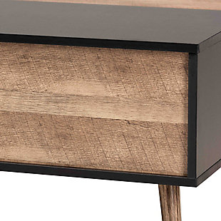 Showcasing splendid modern design influence, the Jensen coffee table adds valuable appeal to any space. Made in China, the Jensen is comprised of sturdy wood showcasing a unique two-tone finish of black and rustic brown. Its versatile design includes a lift top that can be used for eating or working, as well as an inner compartment that provides storage space. Requiring assembly, the Jensen is fitted with angled legs for a touch of mid-century personality. A wonderful piece equipped with both eye-catching design and handy utility, the Jensen is an exceptional addition to the modern living room.Constructed from pine wood and engineered wood | Two-tone rustic brown and black finish | Lift-top tabletop | Interior storage compartment