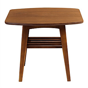 With American walnut veneer on top and a solid wood base, the Carmela side table marries classic craftsman style with a contemporary feel. You could see this table next to cozy leather furniture in a quiet study, or in a bustling family room. Wherever it sits, it feels like home.Made with engineered wood | American walnut veneer over top | Solid wood base and shelf | Slatted shelf | Assembly required