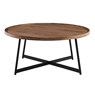 The Niklaus round coffee table is both perfectly symmetrical and distinguished. With a walnut top, solid edges and a black steel base, let this coffee table catch the eye of any wandering guest. Prominent and bold, while also graceful.Made with metal | American walnut veneered top | Black finished base | Sleek design | Assembly required