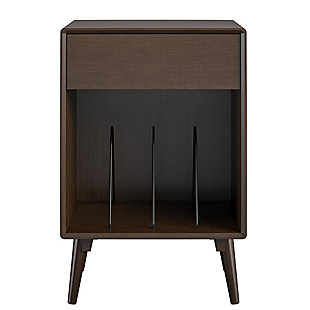 Give your living room or entertainment space a retro look with the Novogratz Brittany Turntable Stand. The beautiful walnut finish on wood veneer gives the look and feel of real wood and pairs with the angled real wood legs for a trendy mid-century modern look. The Stand is the perfect size to place your record player and the cubby with metal record dividers keeps your albums organized. The drawer is perfect to store away remotes, batteries, and extra cables. The Novogratz Brittany Turntable Stand ships flat to your door and requires assembly upon opening. Two adults are recommended to assemble. Once assembled, the Stand measures to be 30"H x 19.88"W x 17.72"D.Take it back in time with the novogratz brittany turntable stand | Made with wood veneer with real wood legs, the beautiful walnut finish pairs with the angled legs for a trendy look | The stand is the perfect size to place your record player and keep your albums organized in the lower cubby with metal record dividers. Store away remotes and cables in the convenient drawer | Complete your space with the entire brittany collection (each sold separately) | The stand ships flat to your door and 2 adults are recommended to assemble. The stand can support up to 50 lbs. While the lower cubby can hold 40 lbs. The drawer can hold up to 15 lbs. Assembled dimensions: 30"h x 19.88"w x 17.72"d | 1 year limited warranty is included