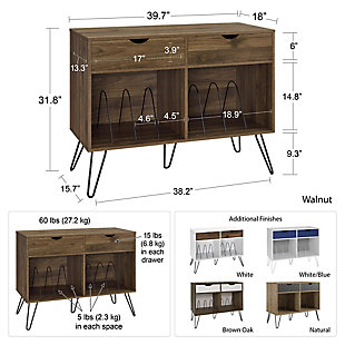 Add a blast from the past with the Novogratz Concord Turntable Stand with Drawers. Inspired from mid-century design, the laminated particleboard and MDF complement the black metal hairpin legs for a fun retro look. The dark brown woodgrain chassis and contrasting gray drawer fronts with light brown undertones pair well with any décor from modern to classic. The double wide stand offers plenty of space to place a record player, speakers, and stereo or even decorations. Keep your remotes, cassette tapes, and record mats or weights for your singles stored away and organized in the 2 drawers. The drawer cutout gives the stand a clean, no-handle look that is easy to open. Keep all of your albums organized in the large open cubbies that feature metal record dividers to keep all of your albums upright. The Novogratz Concord Turntable Stand with Drawers ships flat to your door and 2 adults are recommended for assembly upon opening. The Stand can hold up to 60 lbs. while the cubbies will hold 20 lbs. each. Each drawer can hold up to 15 lbs. Upon assembly, the Stand measures to be 31.8"H x 39.7"W x 18"D.Take it back in time with the novogratz concord turntable stand with drawers | The dark brown woodgrain chassis and contrasting gray drawer fronts with light brown undertones on the laminated particleboard and mdf offer a strong build that complements the mid-century inspired black metal hairpin legs | The double wide stand offers plenty of space for a record player, speakers and stereo and features 2 large open cubbies with metal dividers to keep your albums upright and organized. Keep your remotes, cassette tapes, and record mats or weights stored away in the 2 spacious drawers | Complete your collection with other novogratz items (sold separately) | The novogratz concord turntable stand with drawers ships flat to your door and 2 adults are recommended for assembly. The stand can hold up to 60 lbs. While the cubbies will hold 20 lbs. Each. Each drawer can hold up to 15 lbs. Assembled dimensions: 31.8"h x 39.7"w x 18"d | 1 year limited warranty included