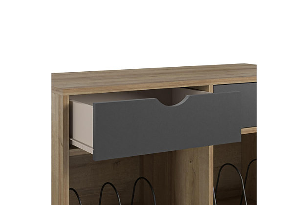 Add a blast from the past with the Novogratz Concord Turntable Stand with Drawers. Inspired from mid-century design, the laminated particleboard and MDF complement the black metal hairpin legs for a fun retro look. The light brown woodgrain chassis and contrasting matte black drawer fronts pair well with any décor from modern to classic. The double wide stand offers plenty of space to place a record player, speakers, and stereo or even decorations. Keep your remotes, cassette tapes, and record mats or weights for your singles stored away and organized in the 2 drawers. The drawer cutout gives the stand a clean, no-handle look that is easy to open. Keep all of your albums organized in the large open cubbies that feature metal record dividers to keep all of your albums upright. The Novogratz Concord Turntable Stand with Drawers ships flat to your door and 2 adults are recommended for assembly upon opening. The Stand can hold up to 60 lbs. while the cubbies will hold 20 lbs. each. Each drawer can hold up to 15 lbs. Upon assembly, the Stand measures to be 31.85"H x 39.69"W x 17.95"D.Take it back in time with the novogratz concord turntable stand with drawers | The light brown woodgrain chassis and contrasting matte black drawer fronts on the laminated particleboard and mdf offer a strong build that complements the mid-century inspired black metal hairpin legs | The double wide stand offers plenty of space for a record player, speakers and stereo and features 2 large open cubbies with metal dividers to keep your albums upright and organized. Keep your remotes, cassette tapes, and record mats or weights stored away in the 2 spacious drawers | Complete your collection with other novogratz concord items (sold separately) | The novogratz concord turntable stand with drawers ships flat to your door and 2 adults are recommended for assembly. The stand can hold up to 60 lbs. While the cubbies will hold 20 lbs. Each. Each drawer can hold up to 15 lbs. Assembled dimensions: 31.85"h x 39.69"w x 17.95"d | 1 year limited warranty included