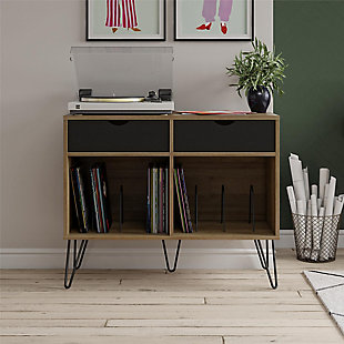 Add a blast from the past with the Novogratz Concord Turntable Stand with Drawers. Inspired from mid-century design, the laminated particleboard and MDF complement the black metal hairpin legs for a fun retro look. The light brown woodgrain chassis and contrasting matte black drawer fronts pair well with any décor from modern to classic. The double wide stand offers plenty of space to place a record player, speakers, and stereo or even decorations. Keep your remotes, cassette tapes, and record mats or weights for your singles stored away and organized in the 2 drawers. The drawer cutout gives the stand a clean, no-handle look that is easy to open. Keep all of your albums organized in the large open cubbies that feature metal record dividers to keep all of your albums upright. The Novogratz Concord Turntable Stand with Drawers ships flat to your door and 2 adults are recommended for assembly upon opening. The Stand can hold up to 60 lbs. while the cubbies will hold 20 lbs. each. Each drawer can hold up to 15 lbs. Upon assembly, the Stand measures to be 31.85"H x 39.69"W x 17.95"D.Take it back in time with the novogratz concord turntable stand with drawers | The light brown woodgrain chassis and contrasting matte black drawer fronts on the laminated particleboard and mdf offer a strong build that complements the mid-century inspired black metal hairpin legs | The double wide stand offers plenty of space for a record player, speakers and stereo and features 2 large open cubbies with metal dividers to keep your albums upright and organized. Keep your remotes, cassette tapes, and record mats or weights stored away in the 2 spacious drawers | Complete your collection with other novogratz concord items (sold separately) | The novogratz concord turntable stand with drawers ships flat to your door and 2 adults are recommended for assembly. The stand can hold up to 60 lbs. While the cubbies will hold 20 lbs. Each. Each drawer can hold up to 15 lbs. Assembled dimensions: 31.85"h x 39.69"w x 17.95"d | 1 year limited warranty included