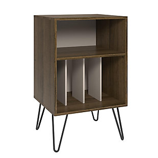 Give your living room or entertainment space a retro look with the Novogratz Concord Turntable Stand. Inspired by mid-century design, the two-tone dark brown woodgrain and gray finish with brown undertones on the laminated particleboard and MDF pairs with the black metal hairpin legs for a retro twist. The Stand is the perfect size to place your record player and the open cubbies offer plenty of options to keep your albums organized. You can store them upright in the 4 lower cubbies or keep your favorites at the top in the large upper cubby. The Novogratz Concord Turntable Stand ships flat to your door and requires assembly upon opening. Two adults are recommended to assemble. The Stand can hold up to 30 lbs. and the large cubby will hold 25 lbs. Each smaller cubby will hold up to 5 lbs. Once assembled, the Stand measures to be 34.1"H x 20.7"W x 18"D.Take it back in time with the novogratz concord turntable stand | Made of laminated mdf and particleboard, the dark brown woodgrain chassis and gray with brown undertones record dividers pairs with the mid-century inspired black metal hairpin legs for a fun, retro look | The stand is the perfect size to place your record player and keep your albums organized in the 4 lower cubbies or keep your favorites at the top in the large upper cubby | Complete your collection with other novogratz items (sold separately) | The novogratz concord turntable stand ships flat to your door and 2 adults are recommended to assemble. The stand can hold up to 30 lbs. And the large cubby will hold 25 lbs. Each smaller cubby will hold up to 5 lbs. Assembled dimensions: 34.1"h x 20.7"w x 18"d | 1 year limited warranty included