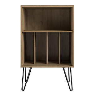 Give your living room or entertainment space a retro look with the Novogratz Concord Turntable Stand. Inspired by mid-century design, the two-tone light brown woodgrain and matte black finish on the laminated particleboard and MDF pairs with the black metal hairpin legs for a retro twist. The Stand is the perfect size to place your record player and the open cubbies offer plenty of options to keep your albums organized. You can store them upright in the 4 lower cubbies or keep your favorites at the top in the large upper cubby. The Novogratz Concord Turntable Stand ships flat to your door and requires assembly upon opening. Two adults are recommended to assemble. The Stand can hold up to 30 lbs. and the large cubby will hold 25 lbs. Each smaller cubby will hold up to 5 lbs. Once assembled, the Stand measures to be 34.13"H x 20.7"W x 18"D.Take it back in time with the novogratz concord turntable stand | Made of laminated mdf and particleboard, the light brown woodgrain chassis and matte black with brown undertones record dividers pairs with the mid-century inspired black metal hairpin legs for a fun, retro look | The stand is the perfect size to place your record player and keep your albums organized in the 4 lower cubbies or keep your favorites at the top in the large upper cubby | Complete your collection with other novogratz concord items (sold separately) | The novogratz concord turntable stand ships flat to your door and 2 adults are recommended to assemble. The stand can hold up to 30 lbs. And the large cubby will hold 25 lbs. Each smaller cubby will hold up to 5 lbs. Assembled dimensions: 34.13"h x 20.7"w x 18"d | 1 year limited warranty included