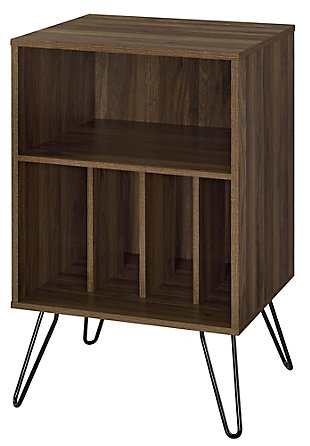 Give your living room or entertainment space a retro look with the Novogratz Concord Turntable Stand. Inspired by mid-century design, the classic medium brown woodgrain laminated particleboard and MDF give the Stand a sturdy build that will last for years while the black metal hairpin legs add a retro twist. The Stand is the perfect size to place your record player and the open cubbies offer plenty of options to keep your albums organized. You can store them upright in the 4 lower cubbies or keep your favorites at the top in the large upper cubby. The Novogratz Concord Turntable Stand ships flat to your door and requires assembly upon opening. Two adults are recommended to assemble. The Stand can hold up to 30 lbs. and the large cubby will hold 25 lbs. Each smaller cubby will hold up to 5 lbs. Once assembled, the Stand measures to be 34.1"H x 20.7"W x 18"D.Take it back in time with the novogratz concord turntable stand | The medium brown woodgrain laminated particleboard and mdf offer a strong build while the mid-century inspired black metal hairpin legs add a fun, retro look | The stand is the perfect size to place your record player and keep your albums organized in the 4 lower cubbies or keep your favorites at the top in the large upper cubby | Complete your collection with other novogratz items (sold separately) | The novogratz concord turntable stand ships flat to your door and 2 adults are recommended to assemble. The stand can hold up to 30 lbs. And the large cubby will hold 25 lbs. Each smaller cubby will hold up to 5 lbs. Assembled dimensions: 34.1"h x 20.7"w x 18"d | 0