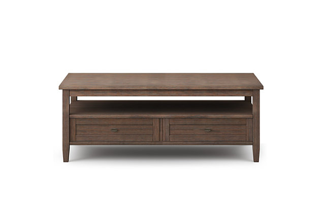 Sometimes you want to be noticed and sometimes you need to keep a low profile...we understand that completely. Keeping this in mind, we designed the Warm Shaker Coffee Table. Two bottom drawers open to provide ample storage options for remote controls, magazines and the like while leaving the table surface clutter-free. Open shelf provides additional storage. This beautiful and versatile Coffee Table can fit easily in your space...and turn heads at the same time.; Efforts are made to reproduce accurate colors, variations in color may occur due to computer monitor and photography; At Simpli Home we believe in creating excellent, high quality products made from the finest materials at an affordable price. Every one of our products come with a 1-year warranty and easy returns if you are not satisfiedDIMENSIONS: 24"D x 48" W x 18"H | Handcrafted with care using the finest quality solid wood | Hand-finished with a Farmhouse Brown stain and protective NC lacquer to accentuate and highlight the grain and the uniqueness of each piece of furniture | Multipurpose table with storage can be used as coffee or cocktail table. Looks great in your living room, great room, condo, family room or den | Features two bottom drawers with metal drawer glides and large open shelf for plenty of storage | Transitional design includes shaker style drawer fronts, Brushed Nickel knobs, square tapered legs and square edged table top | Assembly required | We believe in creating excellent, high quality products made from the finest materials at an affordable price. Every one of our products come with a 1-year warranty and easy returns if you are not satisfied.