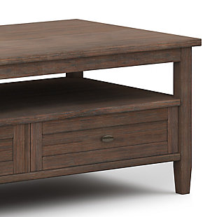 Sometimes you want to be noticed and sometimes you need to keep a low profile...we understand that completely. Keeping this in mind, we designed the Warm Shaker Coffee Table. Two bottom drawers open to provide ample storage options for remote controls, magazines and the like while leaving the table surface clutter-free. Open shelf provides additional storage. This beautiful and versatile Coffee Table can fit easily in your space...and turn heads at the same time.; Efforts are made to reproduce accurate colors, variations in color may occur due to computer monitor and photography; At Simpli Home we believe in creating excellent, high quality products made from the finest materials at an affordable price. Every one of our products come with a 1-year warranty and easy returns if you are not satisfiedDIMENSIONS: 24"D x 48" W x 18"H | Handcrafted with care using the finest quality solid wood | Hand-finished with a Farmhouse Brown stain and protective NC lacquer to accentuate and highlight the grain and the uniqueness of each piece of furniture | Multipurpose table with storage can be used as coffee or cocktail table. Looks great in your living room, great room, condo, family room or den | Features two bottom drawers with metal drawer glides and large open shelf for plenty of storage | Transitional design includes shaker style drawer fronts, Brushed Nickel knobs, square tapered legs and square edged table top | Assembly required | We believe in creating excellent, high quality products made from the finest materials at an affordable price. Every one of our products come with a 1-year warranty and easy returns if you are not satisfied.