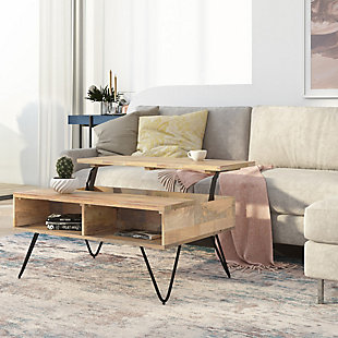 Style and convenience are at work in this uniquely functional Hunter Small Lift-Top Coffee Table. The top lifts up to reveal hidden storage, pulling toward you for the perfect surface to type on your laptop or eat in front of the television. The table features two open compartments for stacking books or displaying decorative objects. Hairpin legs along with Mango Wood add an industrial component.; Efforts are made to reproduce accurate colors, variations in color may occur due to computer monitor and photography; At Simpli Home we believe in creating excellent, high quality products made from the finest materials at an affordable price. Every one of our products come with a 1-year warranty and easy returns if you are not satisfiedDIMENSIONS: 24"D x 36" W x 18"H | Handcrafted using the finest quality solid Mango Hardwood | Hand-finished with a Natural stain and a protective NC lacquer to accentuate and highlight the grain and the uniqueness of each piece of furniture | Multipurpose table with storage can be used as coffee or cocktail table. Looks great in your living room, great room, condo, family room or den | Features split lift up top with large storage area and two (2) open compartments for plenty of storage | Industrial  design includes four (4) black iron hairpin legs | Assembly required | We believe in creating excellent, high quality products made from the finest materials at an affordable price. Every one of our products come with a 1-year warranty and easy returns if you are not satisfied.