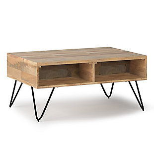 Simpli Home Hunter Solid Mango Wood & Metal 36" Wide Rectangle Lift Top Coffee Table, Natural, large
