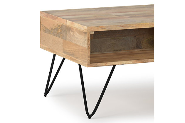 Style and convenience are at work in this uniquely functional Hunter Small Lift-Top Coffee Table. The top lifts up to reveal hidden storage, pulling toward you for the perfect surface to type on your laptop or eat in front of the television. The table features two open compartments for stacking books or displaying decorative objects. Hairpin legs along with Mango Wood add an industrial component.; Efforts are made to reproduce accurate colors, variations in color may occur due to computer monitor and photography; At Simpli Home we believe in creating excellent, high quality products made from the finest materials at an affordable price. Every one of our products come with a 1-year warranty and easy returns if you are not satisfiedDIMENSIONS: 24"D x 36" W x 18"H | Handcrafted using the finest quality solid Mango Hardwood | Hand-finished with a Natural stain and a protective NC lacquer to accentuate and highlight the grain and the uniqueness of each piece of furniture | Multipurpose table with storage can be used as coffee or cocktail table. Looks great in your living room, great room, condo, family room or den | Features split lift up top with large storage area and two (2) open compartments for plenty of storage | Industrial  design includes four (4) black iron hairpin legs | Assembly required | We believe in creating excellent, high quality products made from the finest materials at an affordable price. Every one of our products come with a 1-year warranty and easy returns if you are not satisfied.