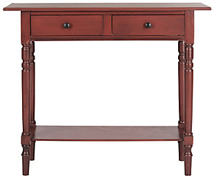 The Rosemary console, in a rust red finish, evokes craftsman style with its clean lines and practical storage. Crafted from pine with two drawers and a bottom shelf, this console will enhance casual dens, front entryways or bedrooms with its refined farmhouse charm.Made with pine wood and aluminum alloy | Rust red finish | 2 drawers | 1 shelf | Imported | Assembly required
