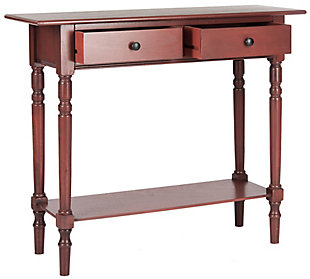The Rosemary console, in a rust red finish, evokes craftsman style with its clean lines and practical storage. Crafted from pine with two drawers and a bottom shelf, this console will enhance casual dens, front entryways or bedrooms with its refined farmhouse charm.Made with pine wood and aluminum alloy | Rust red finish | 2 drawers | 1 shelf | Imported | Assembly required