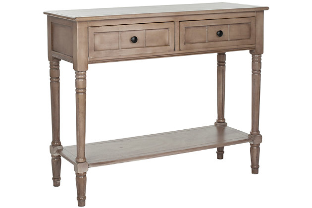 The Samantha console breathes inviting country charm into any hall, entryway or living room with style and ease. The console's classic turned legs and carved details are beautifully spotlighted by the vintage gray finish on its pine wood frame.Made with pine wood and aluminum alloy | Vintage gray finish | Classic turned legs | Carved details | Imported | Assembly required