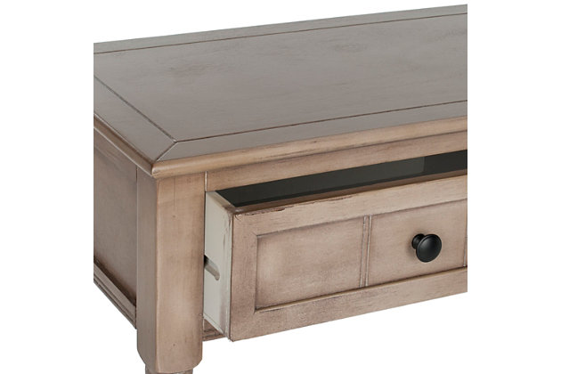 The Samantha console breathes inviting country charm into any hall, entryway or living room with style and ease. The console's classic turned legs and carved details are beautifully spotlighted by the vintage gray finish on its pine wood frame.Made with pine wood and aluminum alloy | Vintage gray finish | Classic turned legs | Carved details | Imported | Assembly required