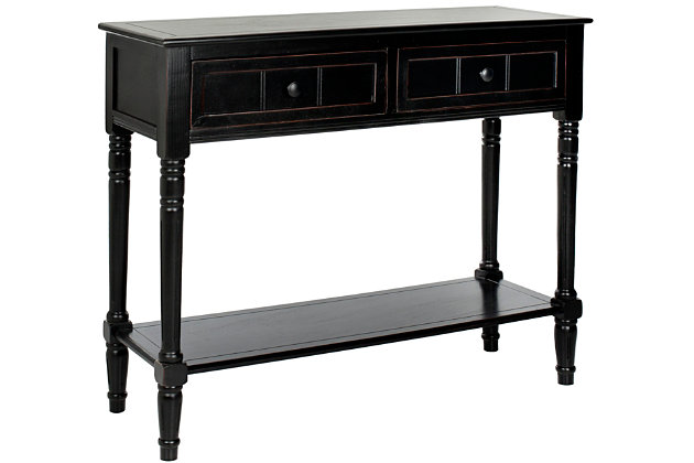 The Samantha console breathes inviting country charm into any hall, entryway or living room with style and ease. The console's classic turned legs and carved details are beautifully spotlighted by the distressed black finish on its pine wood frame.Made with pine wood and aluminum alloy | Distressed black finish | Classic turned legs | Carved details | Imported | Assembly required