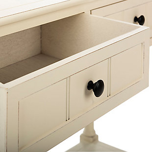 The Samantha console breathes inviting country charm into any hall, entryway or living room with style and ease. The console's classic turned legs and carved details are beautifully spotlighted by the distressed cream finish on its pine wood frame.Made with pine wood and aluminum alloy | Distressed cream finish | Classic turned legs | Carved details | Imported | Assembly required