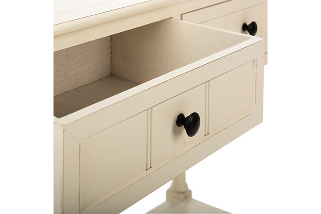 The Samantha console breathes inviting country charm into any hall, entryway or living room with style and ease. The console's classic turned legs and carved details are beautifully spotlighted by the distressed cream finish on its pine wood frame.Made with pine wood and aluminum alloy | Distressed cream finish | Classic turned legs | Carved details | Imported | Assembly required