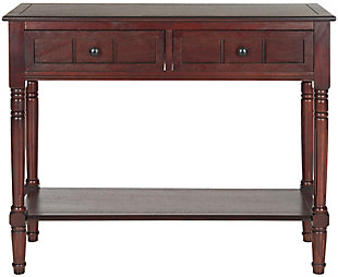 The Samantha console breathes inviting country charm into any hall, entryway or living room with style and ease. The console's classic turned legs and carved details are beautifully spotlighted by the dark cherry finish on its pine wood frame.Made with pine wood and aluminum alloy | Dark cherry finish | Classic turned legs | Carved details | Imported | Assembly required