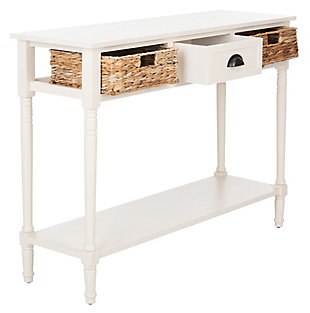 From coastal cottage to rustic lodge, the vintage-styled Christa console in distressed white lends welcoming charm to any entry hall. With rattan weave drawers and a lower shelf, this piece is perfect for both storage and display.Made with pine wood and aluminum alloy | Distressed white finish | Rattan weave drawers | Lower shelf | Imported | Assembly required