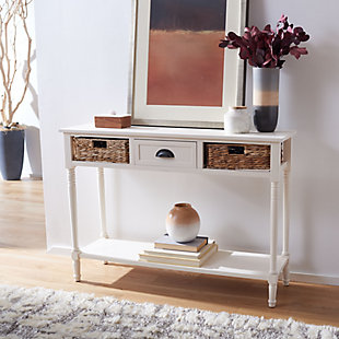 From coastal cottage to rustic lodge, the vintage-styled Christa console in distressed white lends welcoming charm to any entry hall. With rattan weave drawers and a lower shelf, this piece is perfect for both storage and display.Made with pine wood and aluminum alloy | Distressed white finish | Rattan weave drawers | Lower shelf | Imported | Assembly required