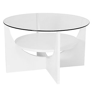 Create a well-rounded living space with the U-Shaped coffee table. Peer through the circular glass table top to the seemingly floating circular shelf below  nestled between two overlapping U-Shaped bases.  Add this unique piece to your home today!Contemporary styling | Tempered glass top | Sturdy wood design | Middle shelf adds extra storage space | Tool-less assembly for easy set up and breakdown