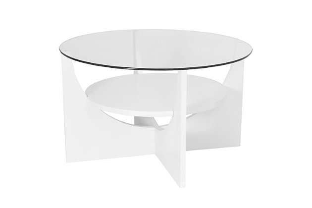 Create a well-rounded living space with the U-Shaped coffee table. Peer through the circular glass table top to the seemingly floating circular shelf below  nestled between two overlapping U-Shaped bases.  Add this unique piece to your home today!Contemporary styling | Tempered glass top | Sturdy wood design | Middle shelf adds extra storage space | Tool-less assembly for easy set up and breakdown