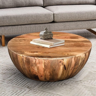 The Urban Port Distressed Round Coffee Table, Brown, large
