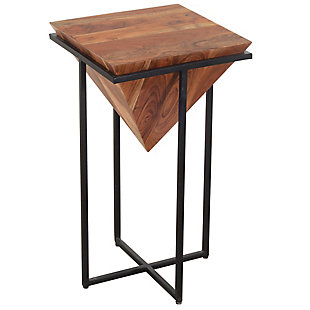 The Urban Port 26 Inch Pyramid Shape Wooden Side Table with Metal Base, , rollover