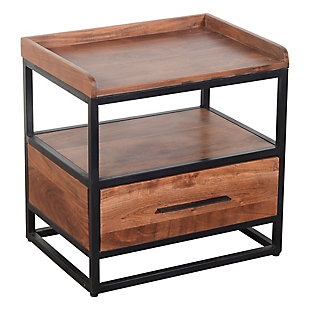 The Urban Port Handcrafted Industrial Metal End Table with Wooden Drawer, , rollover