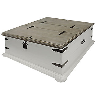 Bring a touch of farmhouse style to your living space with this designer coffee table. This table features a trunk silhouette with double-lid hinged opening and a latch metal handle. The rectangular molded top is complemented with rough hewn saw texture detailing. Metal corner accents with an antiqued finish reflect an industrial look. Due to the handcrafted nature of the product, there may be variation in color, finish, wood grain and knots.Made of wood and metal | Trunk design with spacious storage | Double lid with hinged opening | Rectangular molded tabletop with rough hewn saw texture detail | Metal corner accents with antiqued finish