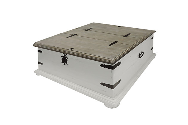Bring a touch of farmhouse style to your living space with this designer coffee table. This table features a trunk silhouette with double-lid hinged opening and a latch metal handle. The rectangular molded top is complemented with rough hewn saw texture detailing. Metal corner accents with an antiqued finish reflect an industrial look. Due to the handcrafted nature of the product, there may be variation in color, finish, wood grain and knots.Made of wood and metal | Trunk design with spacious storage | Double lid with hinged opening | Rectangular molded tabletop with rough hewn saw texture detail | Metal corner accents with antiqued finish