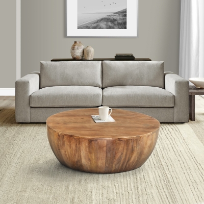 The Urban Port Drum Shape Coffee Table with Plank Base, Light Brown, large