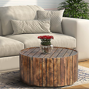 The Urban Port Handmade Wooden Round Coffee Table with Plank Design, , rollover