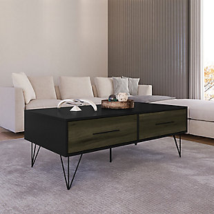 The Urban Port Wooden 2 Drawer Rectangular Coffee Table with Hairpin Legs, , rollover