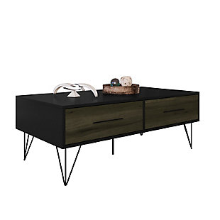 The Urban Port Wooden 2 Drawer Rectangular Coffee Table with Hairpin Legs, , large