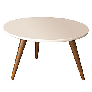 Transform your living space with this mid-century inspired round coffee table. Showcasing a minimalistic design, this table incorporates a tabletop in a white finish, supported on a walnut finished tapered splay legs. It will surely be a focal point in your living room, exuding sophistication and elegance.Made of wood and engineered wood | Top in white finish | Legs in walnut finish | Tapered splay legs | Assembly required