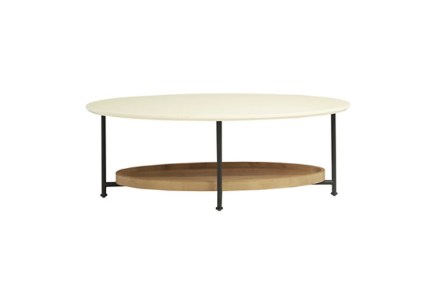 Modernize your living room decor with this coffee table. Flaunting an eye-catching design, the oval table's white top and black metal legs create a bold contemporary look. A lower shelf in a natural finish provides space to display and store your magazines and other essentials.Made with solid wood and engineered wood | Metal base with black finish | Tabletop with white finish | Open lower shelf with natural finish | Assembly required | Imported