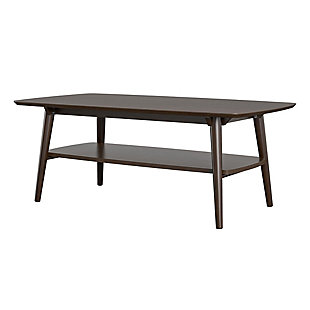 Complete your living room with the Novogratz Brittany Coffee Table. The beautiful walnut finish on wood veneer gives the look and feel of real wood and pairs with the angled real wood legs for a trendy mid-century modern look. The spacious table top can hold your books and magazines, coasters, snacks and electronics and features a rounded edge to add to the mid-century modern charm. The lower shelf can organize books and magazines to keep your table top clutter free. The Coffee Table ships flat to your door and requires assembly upon opening. Two adults are recommended to assemble. Once assembled, the Coffee Table measures to be 18"H x 47.375"W x 25.7"D.Give your living room a mid-century modern feel with the novogratz brittany coffee table | Made with wood veneer with real wood legs, the beautiful walnut finish pairs with the angled legs for a trendy look | Organize books, magazines, remotes and electronics on the table top and lower shelf. The lower shelf keeps your table top clutter free and keeps essentials within reach | The coffee table ships flat to your door and 2 adults are recommended to assemble. The table top can hold up to 65 lbs. While the lower shelf holds up to 25 lbs. Assembled dimensions: 18"h x 47.375"w x 25.7"d