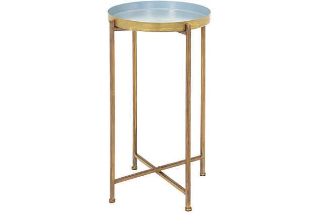 Streamlined and ultra-modern, this accent table is utterly in vogue. Crafted of metal with minimalist-chic styling, the round "tray" tabletop is removable to hold your food and beverages wherever you are. Made of metal | Base with goldtone finish | Tray tabletop with gray finish | Handcrafted