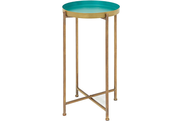 Streamlined and ultra-modern, this accent table is utterly in vogue. Crafted of metal with minimalist-chic styling, the round "tray" tabletop is removable to hold your food and beverages wherever you are. Made of metal | Base with goldtone finish | Tray tabletop with blue finish | Handcrafted