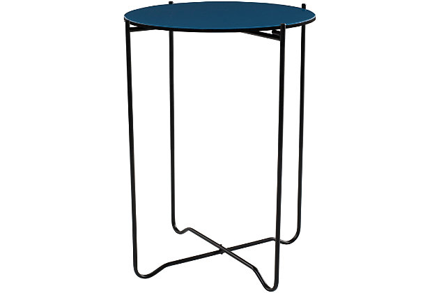 Every sofa’s sidekick, end tables display decor, hold TV remotes or beverages, and round out seating ensembles in style. This presentation of modern form features a metal base and a solid blue circular tabletop, for a look that will completely revitalize your decor space.Made of metal and engineered wood | Base with black finish | Tabletop with blue finish | Handcrafted